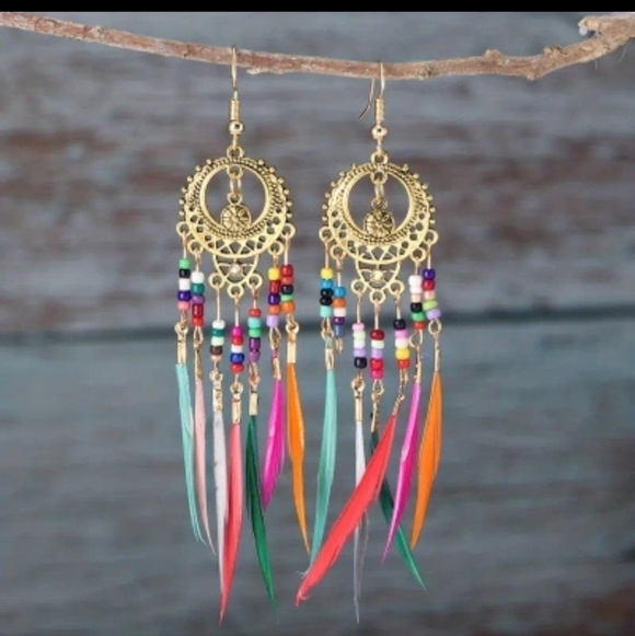 NWT Boho Colorful Long Beads Tassel Dangle Drop Earrings - Gold - Picture 2 of 6